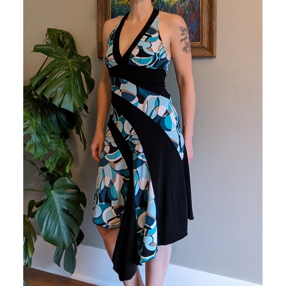 Vintage Y2K Halter Dress Asymmetric Fairycore Goth 90s Slinky Stretch Medium USA